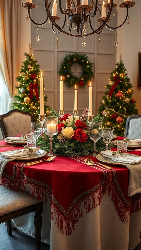 A festive Christmas table setting with candles, evergreen centerpiece, and holiday dinnerware.